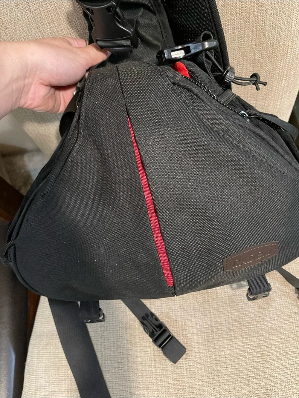 Black Sling Camera Crossbody Bag with Red Accent